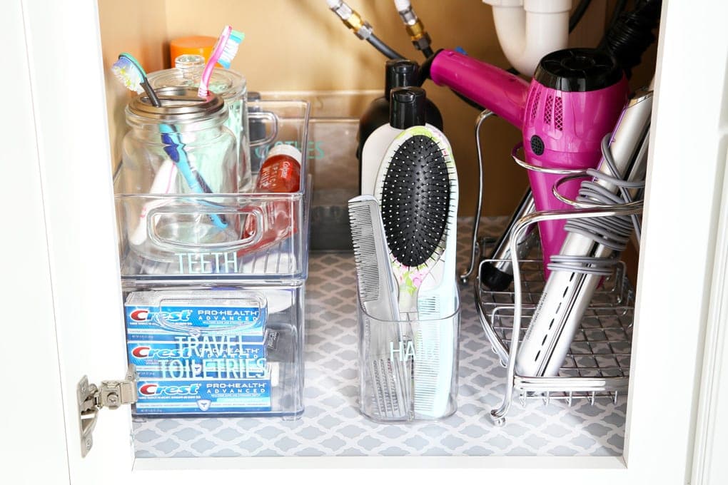 Organized cabinet under the bathroom sink