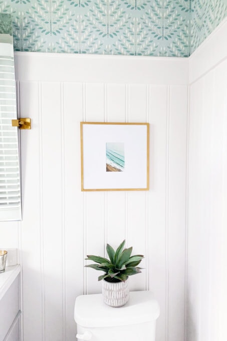 Powder Room Ideas: Picture Frame with Beach Photo Cut from a Magazine and Beachy Faux Plant