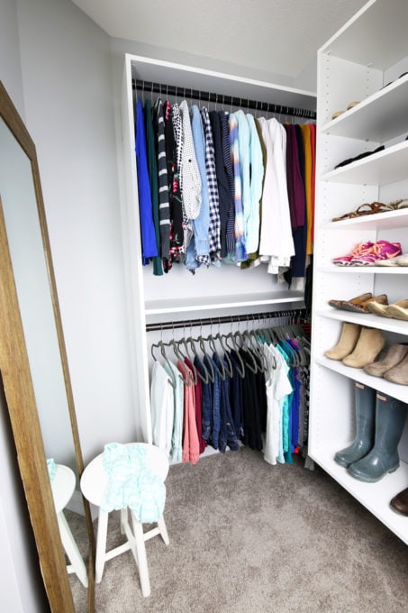 Full length mirror in an organized primary closet, closet organization ideas