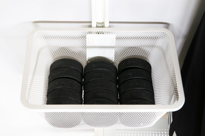 Hockey Pucks in a Small Basket from the IKEA ALGOT System