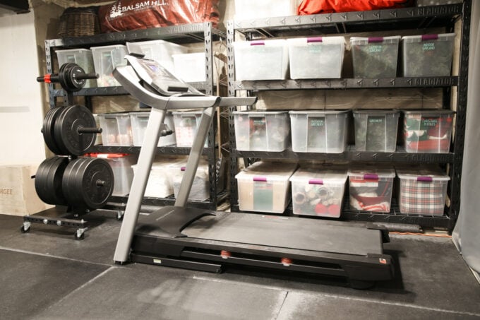 Treadmill in an Organized Basement Home Gym