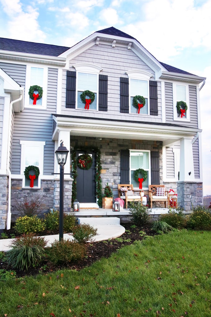 Craftsman Style Home with Christmas Wreaths on the Windows, Ryan Homes Palermo