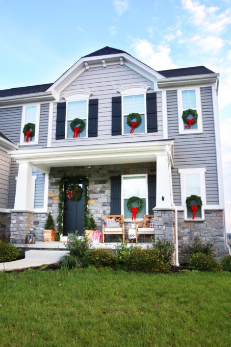 Craftsman Style Home with Christmas Wreaths on the Exterior Windows, Ryan Homes Palermo