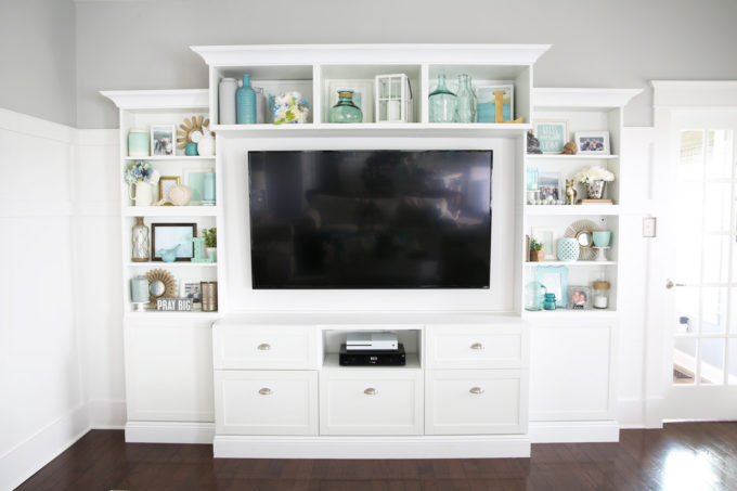 Completed Styled Shelves with Aqua, White, and Neutral Shelf Decor