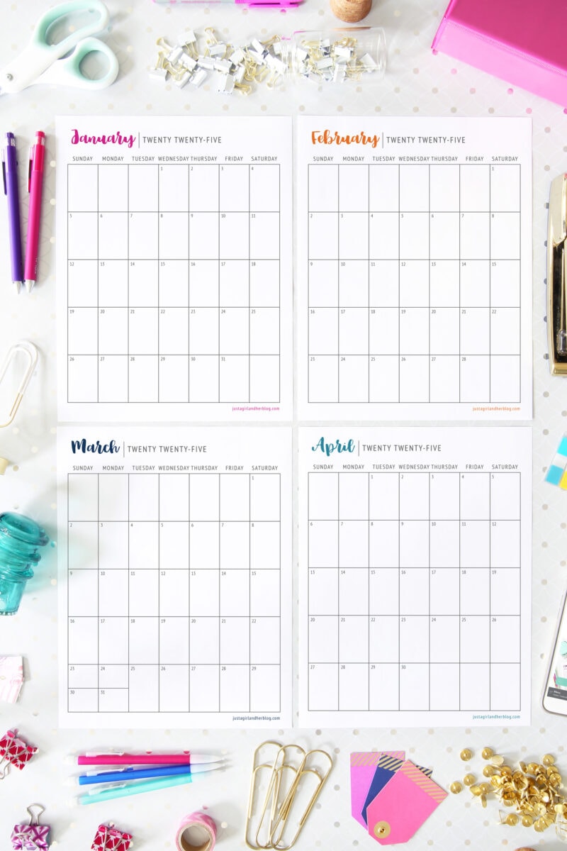 January, February, March, and April 2025 Free Printable Calendars