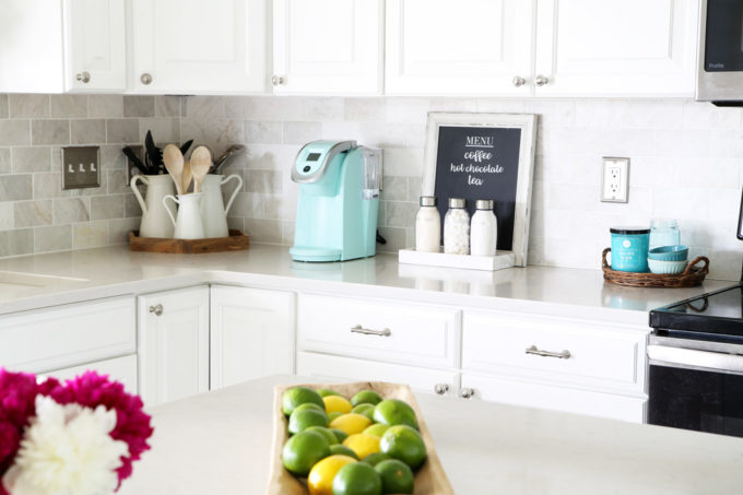 Aqua Keurig Coffee Station in a White Kitchen with Marble Subway Tile