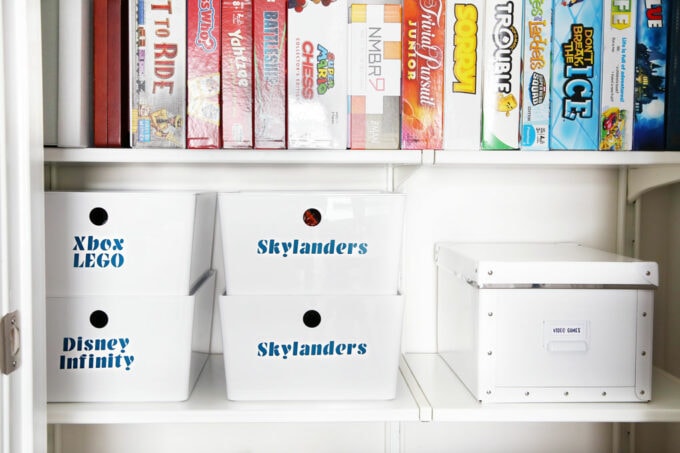 labeled bins in an organized playroom