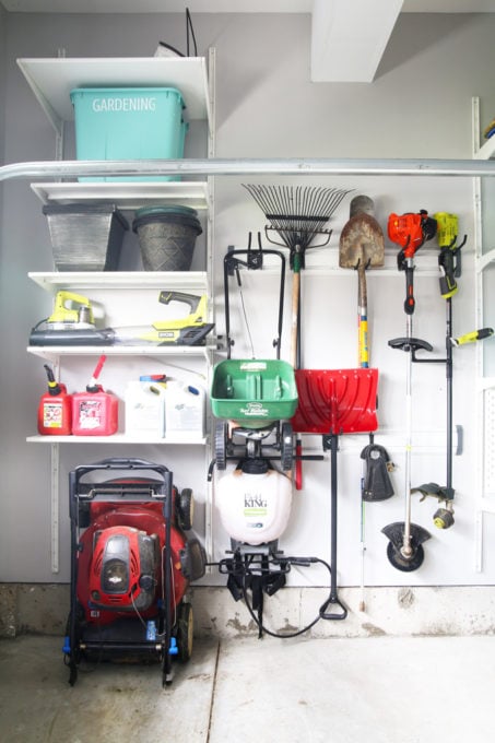 Lawn and Garden Supplies in an Organized Garage