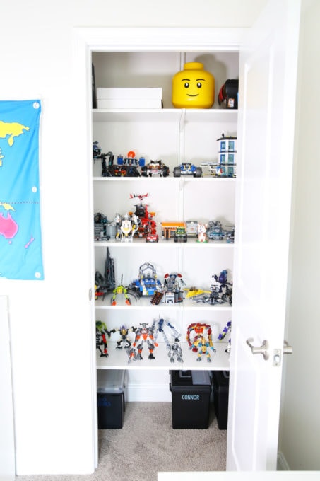 This super helpful post talks about IKEA's 3 best storage systems-- ALGOT, BESTA, and PAX-- and gives great ideas for using them in your home! | IKEA BESTA storage system, modular storage system, IKEA ALGOT closet system, custom closet system, IKEA PAX wardrobe system, DIY wardrobe, IKEA hack, how to plan for and install IKEA storage systems, organized home office playroom closet with IKEA ALGOT closet system for LEGO storage