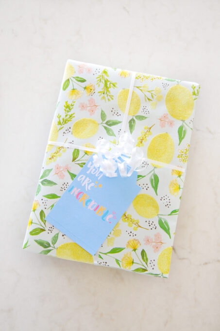 Present with free printable encouragement gift tag, wrapped in lemon wrapping paper