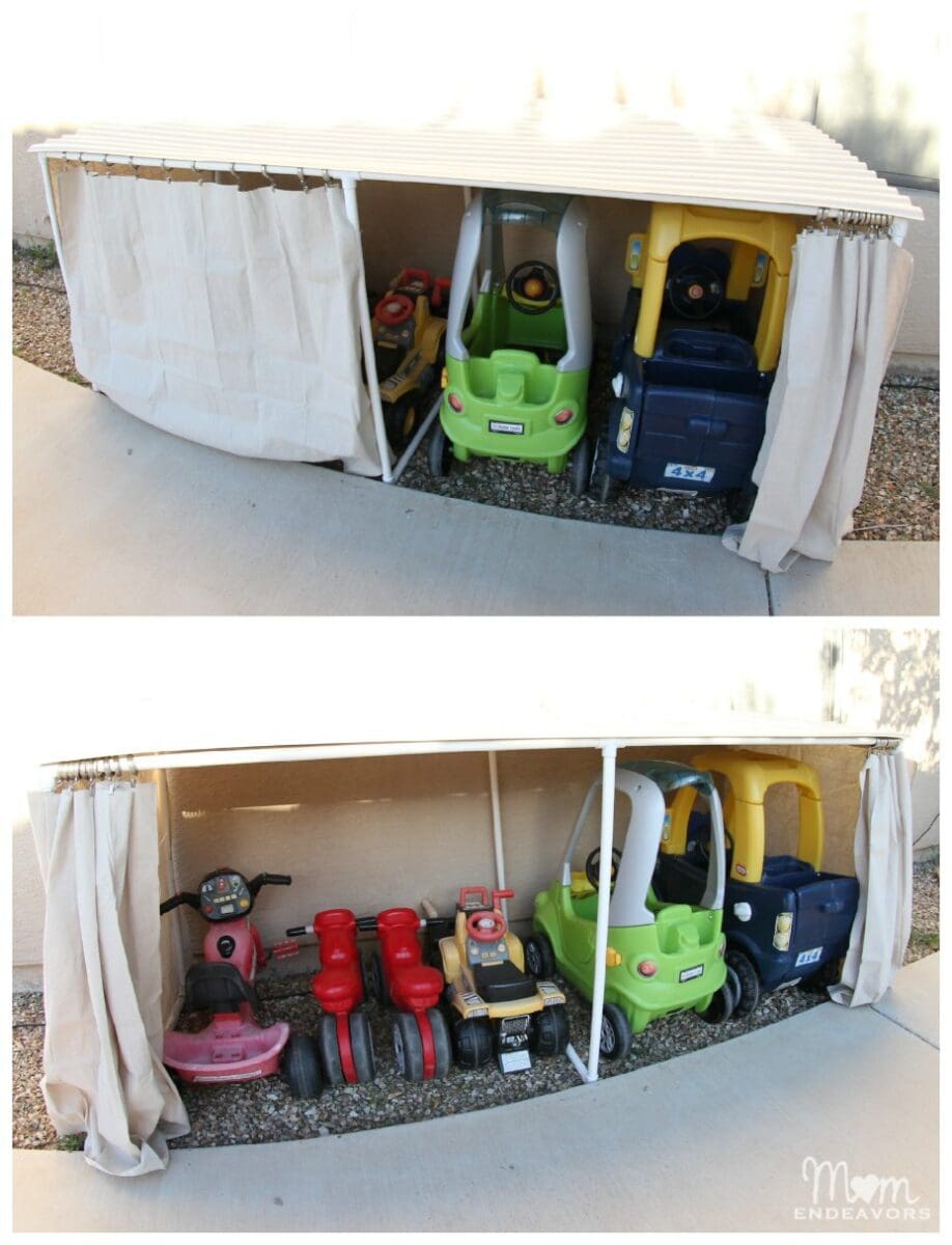 Kid cars under a wood table top and behind a white curtain