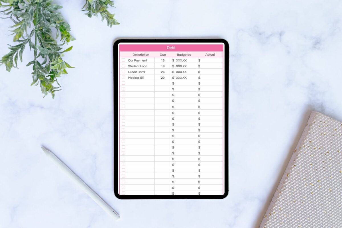 Debt Payments, Part of a Monthly Budget Spreadsheet, Shown on an iPad