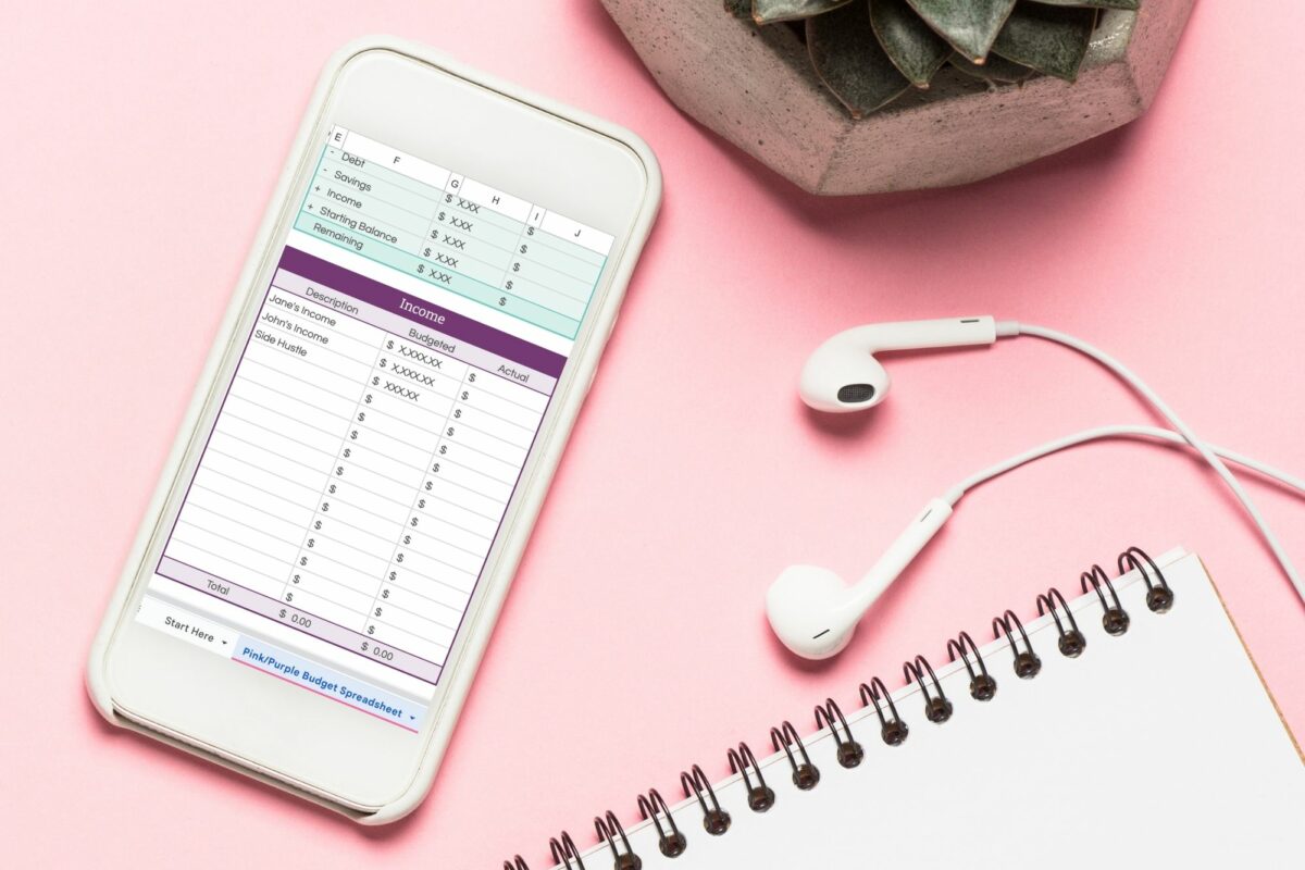 Monthly Income Entered into a Monthly Budget Spreadsheet, Shown on a Cell Phone 