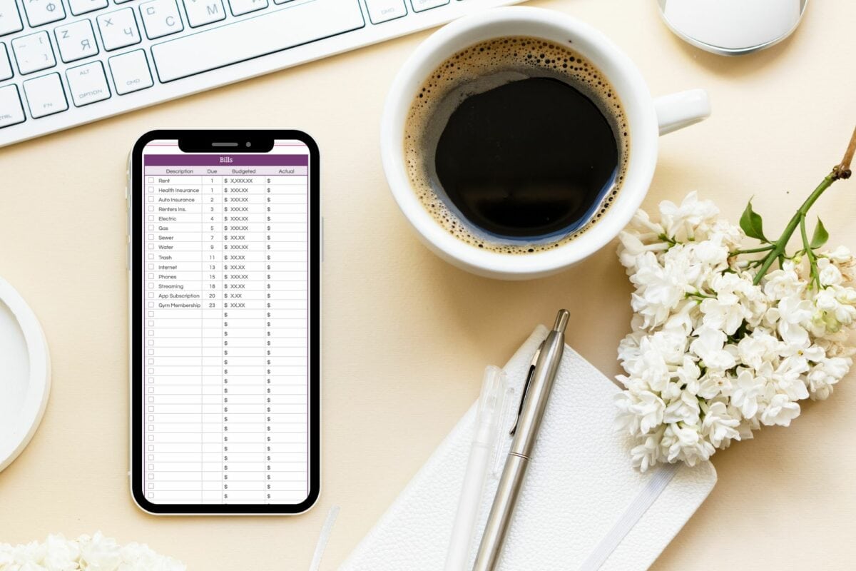 List of Monthly Bills for a Monthly Budget Spreadsheet, Shown on a Cell Phone