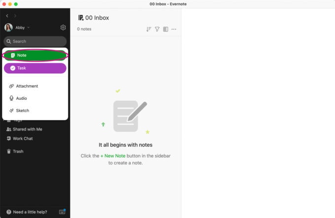 how to create a new note in Evernote