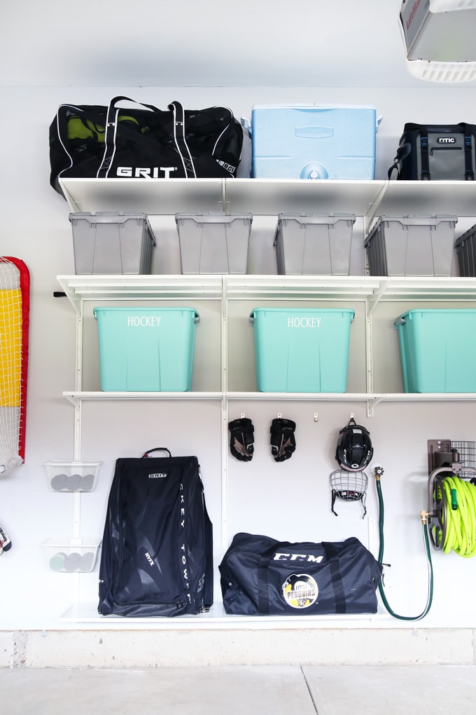 Organized Hockey Gear Stored in a Garage