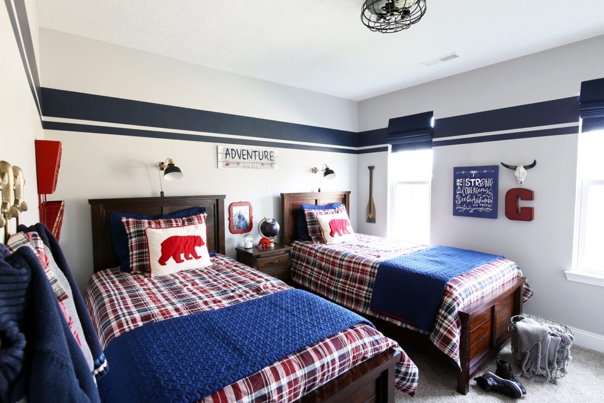 Organized kids' room with a red and blue color scheme