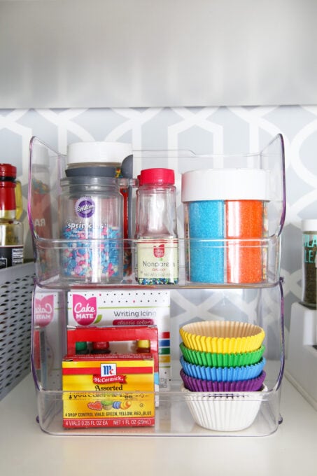 Organized Pantry Bins Holding Cookie and Cupcake Decorating Supplies