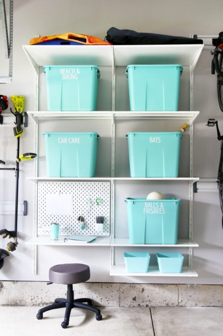 IKEA ALGOT Shelving System and Aqua Storage Bins in an Organized Garage with Brilliant Storage Ideas