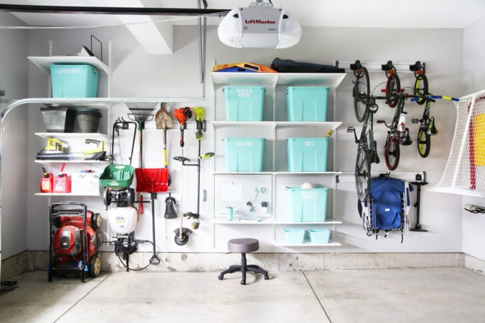 Organized Garage Using IKEA ALGOT Shelves and the Gladiator Track System