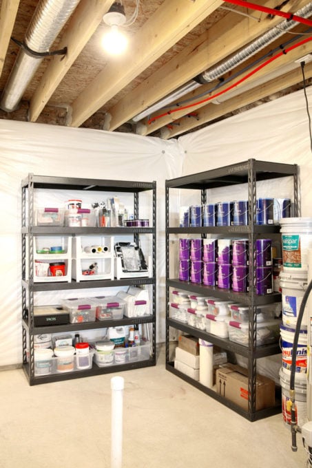 Painting and Tiling Supplies in an Organized Basement