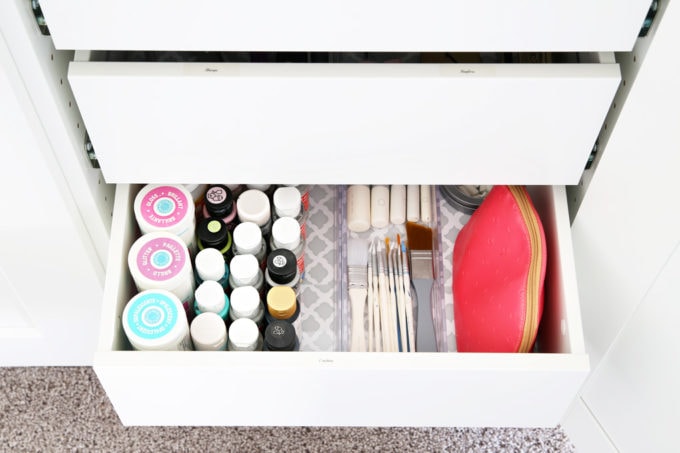 Organized Paint and Paint Brushes in a Craft Room Drawer