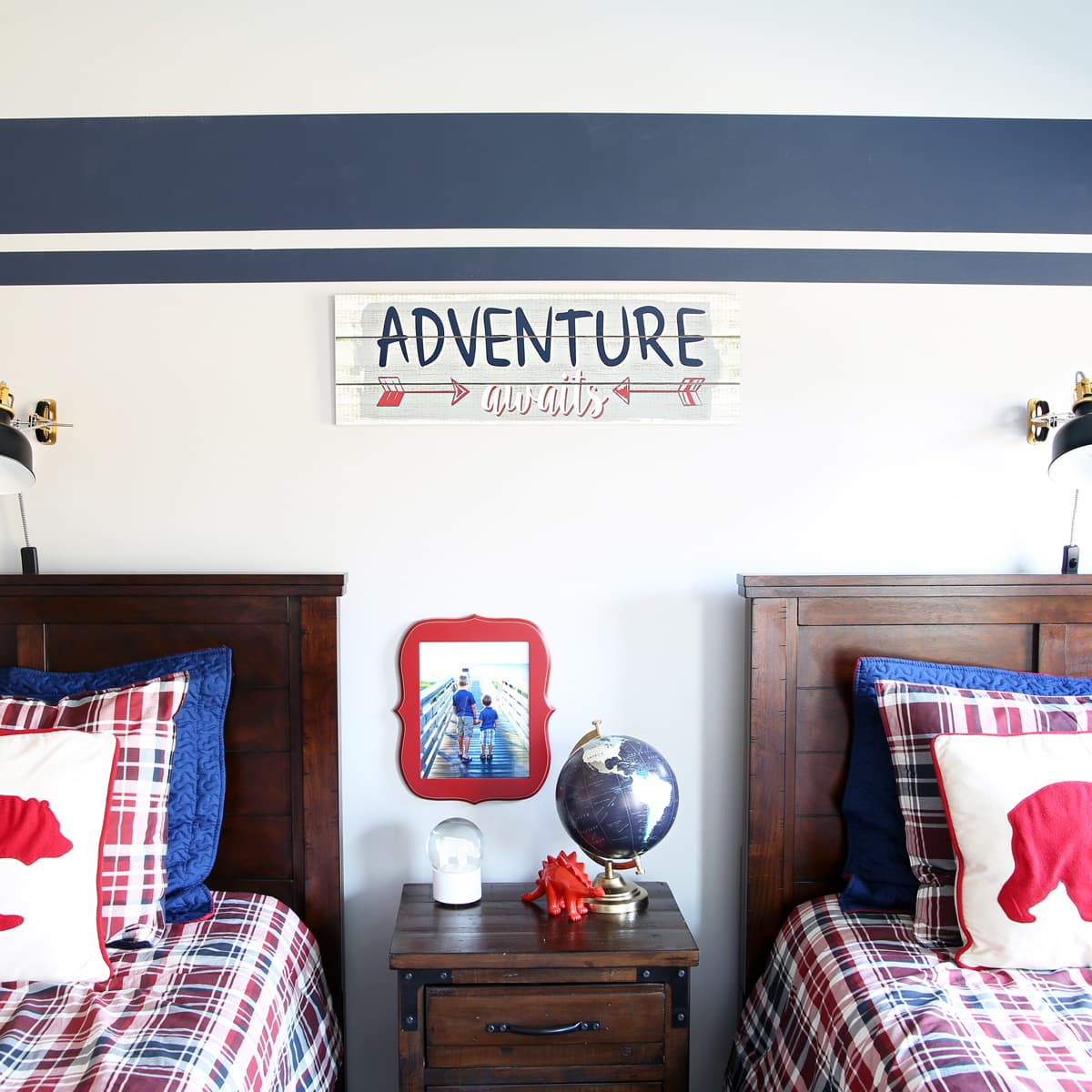 Boy room with blue painted stripes