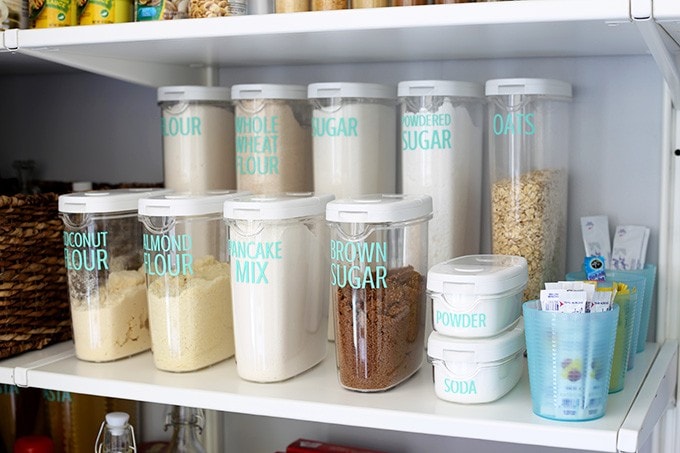 close up of labeled pantry containers