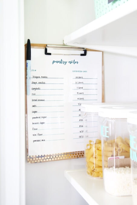 Clipboard with expiration dates for pantry items