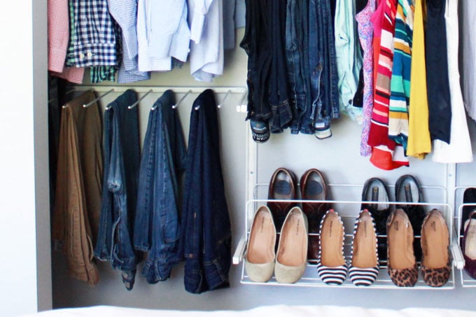 Organized pants hanging in a small organized closet