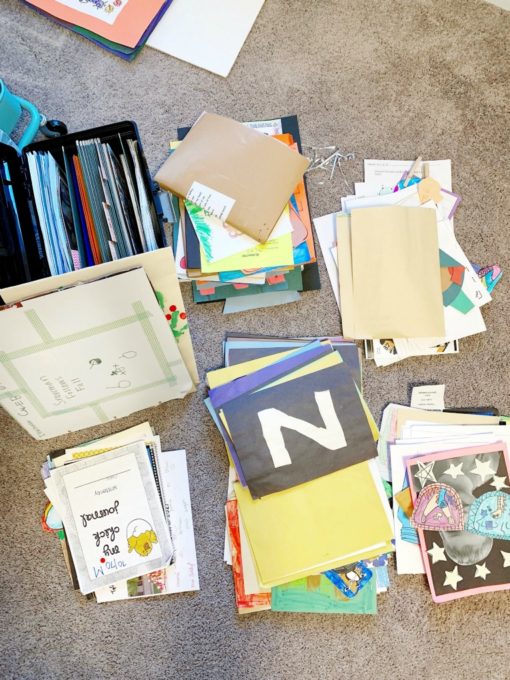 Kids' School Papers Before They Are Organized; Organize kids' school papers and memorabilia by creating a simple system that eliminates clutter while still preserving your special memories! | #paperwork #organizedpaperwork #kidspaperwork #schoolpapers #kidspapers #organization #organized