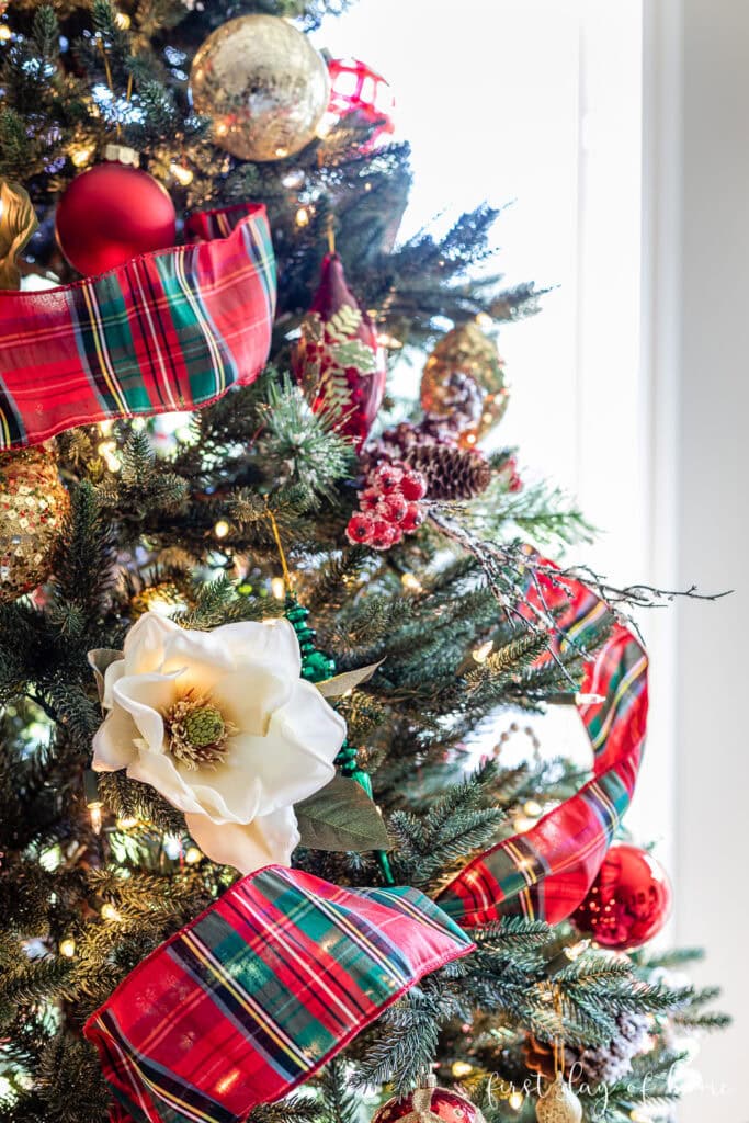 Christmas tree with flowers and plaid ribbon from First Day of Home