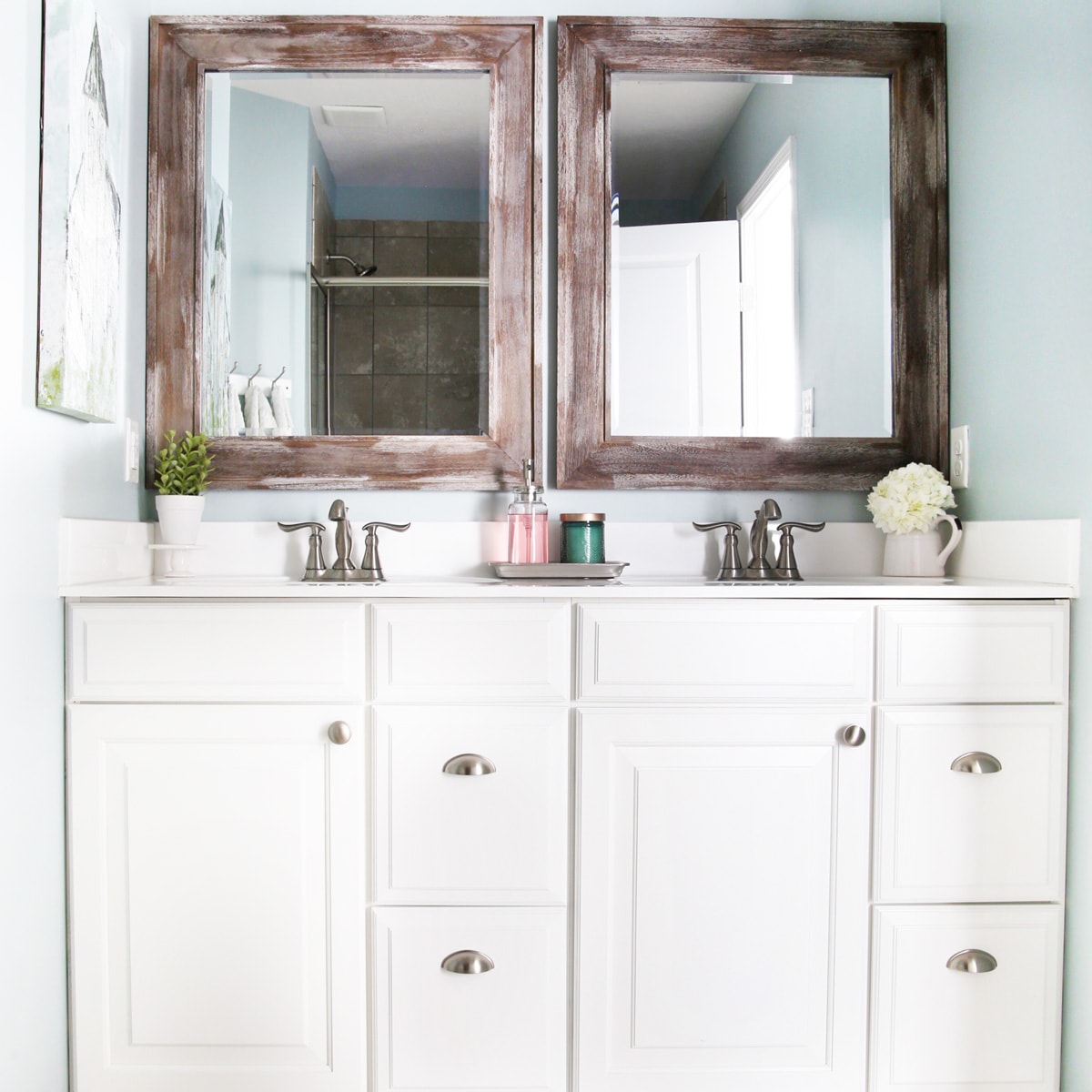 White Bathroom Vanity with Two Mirrors with Wooden Frames