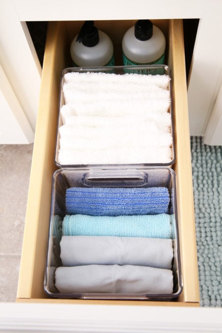 top view of an organized bathroom drawer