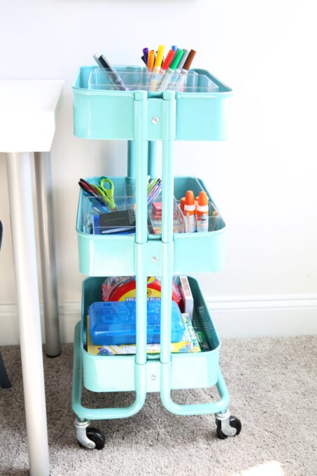 rolling cart with kids' art supplies