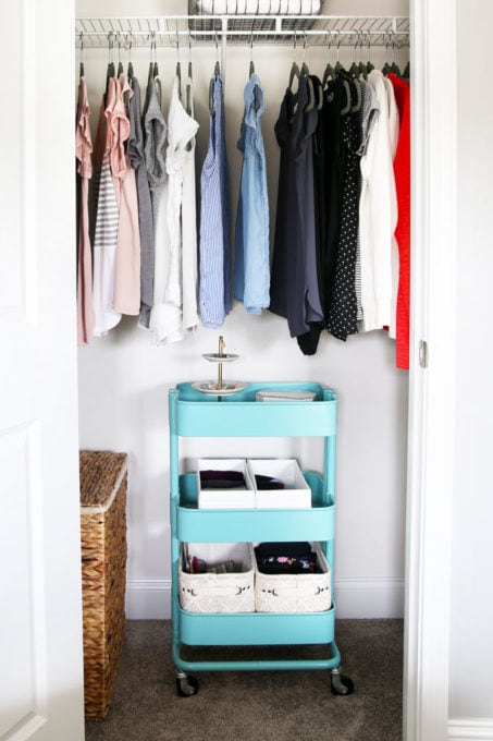 Rolling cart used to organize a small closet