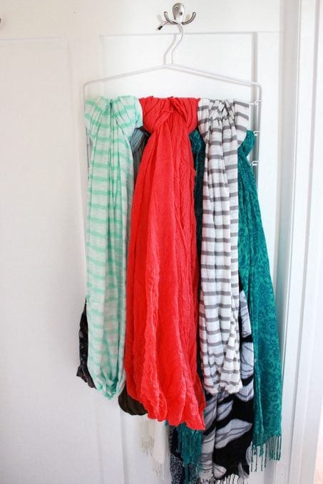 Scarves organized on a pants hanger, closet organization ideas