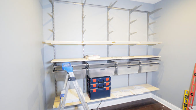 Building an Elfa Shelving Unit from The Container Store with Sand Shelves and Platinum Uprights and Accessories