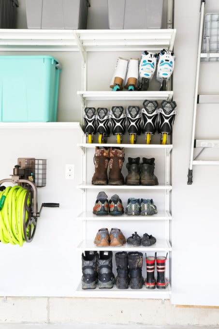 Shoes and Boots on Shelves in an Organized Garage