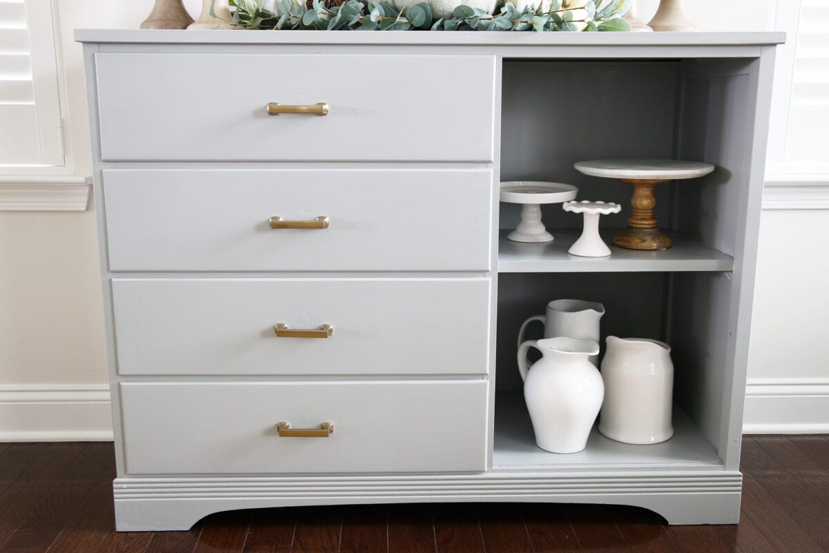 Dresser turned into a gray dining room sideboard