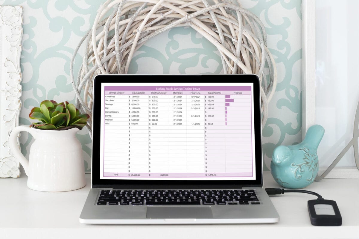 Sinking Funds Savings Tracker Spreadsheet on a Laptop Computer