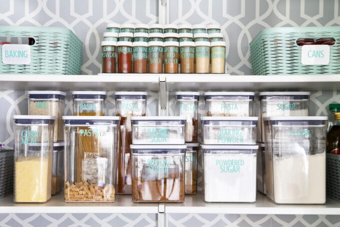 Decanted items in an organized kitchen pantry