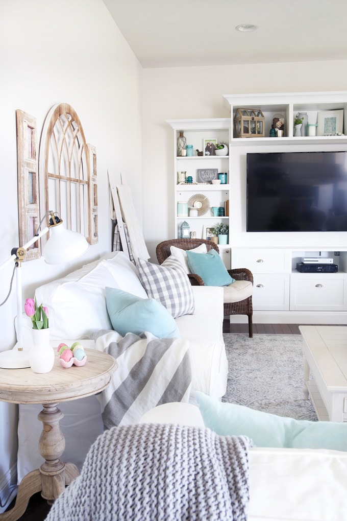 Home- Spring Living Room, spring decor, simple spring decor, spring family room, aqua and pink decor, white couches, IKEA EKTORP, IKEA BESTA, living room decor