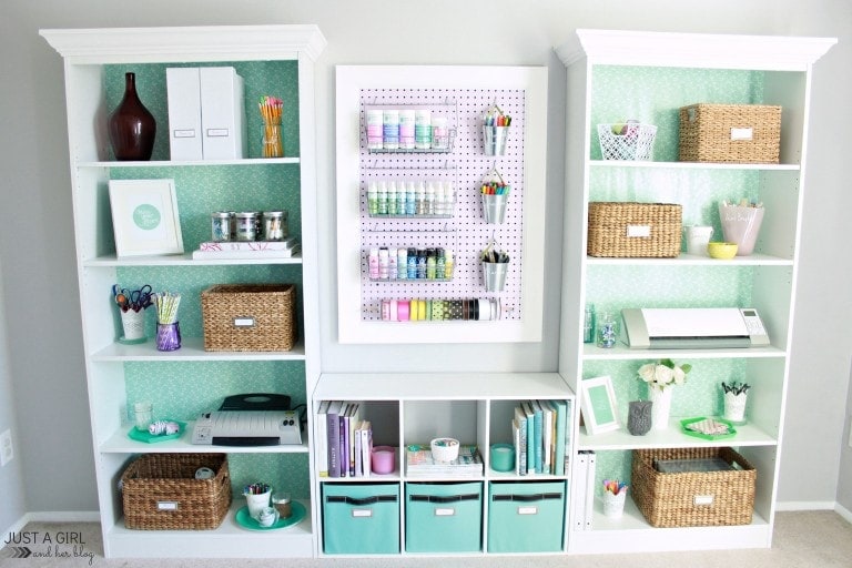 Organized Bookshelves Holding Craft Supplies