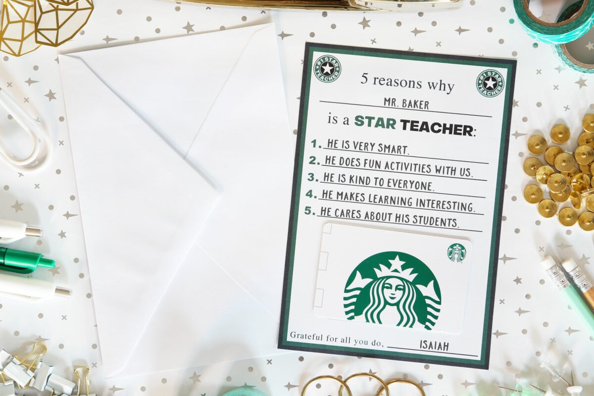 Starbucks Teacher Gift Printable with Envelope