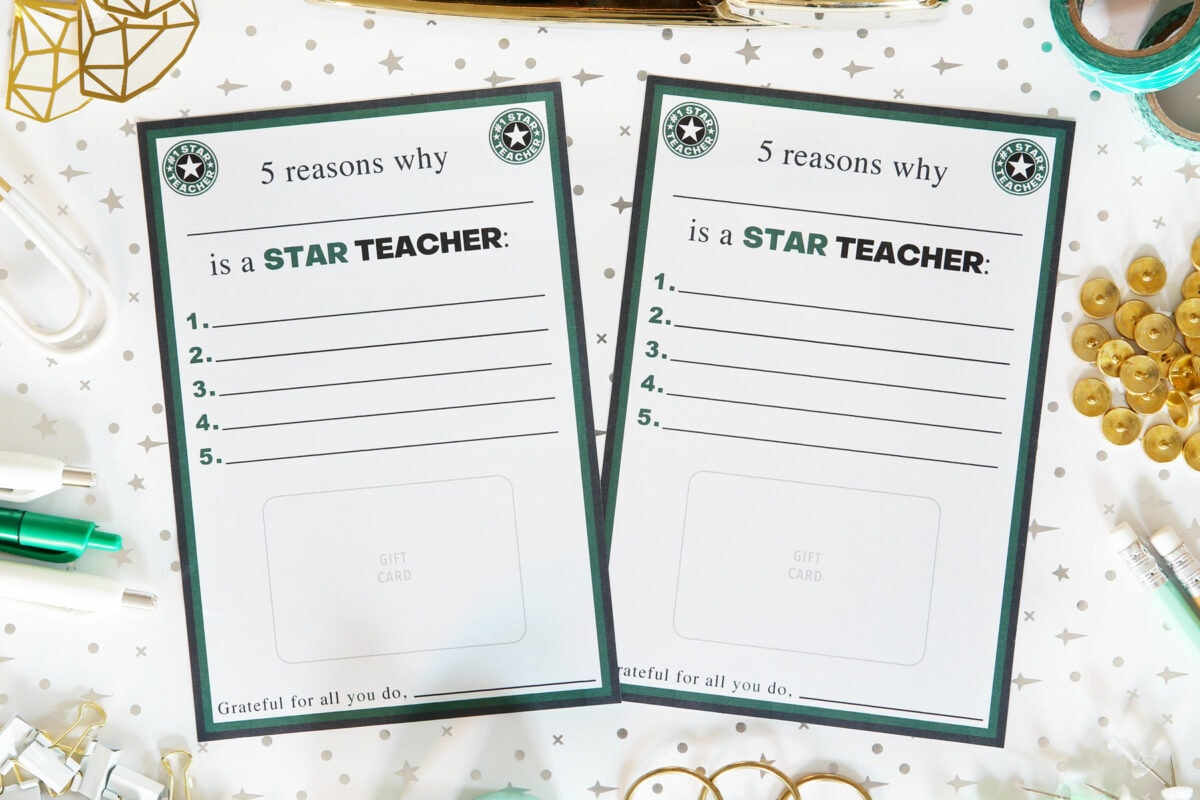 Starbucks Teacher Gift Printables Cut Out and Ready to Attach a Gift Card