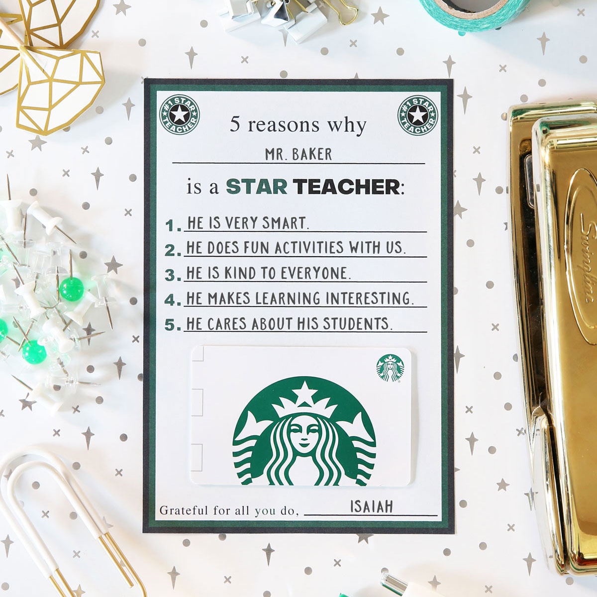 Starbucks Teacher Gift with Free Printable Gift Card Holder