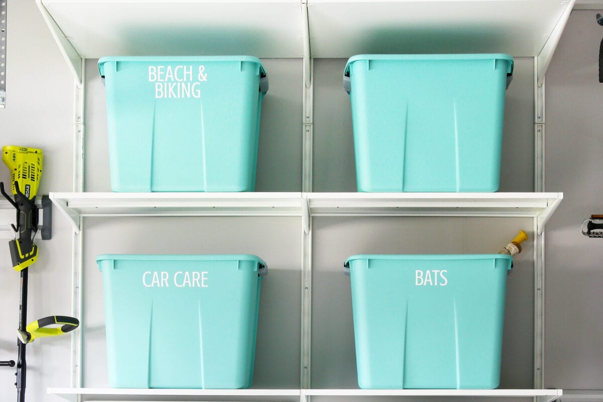 Aqua Storage Bins in an Organized Garage