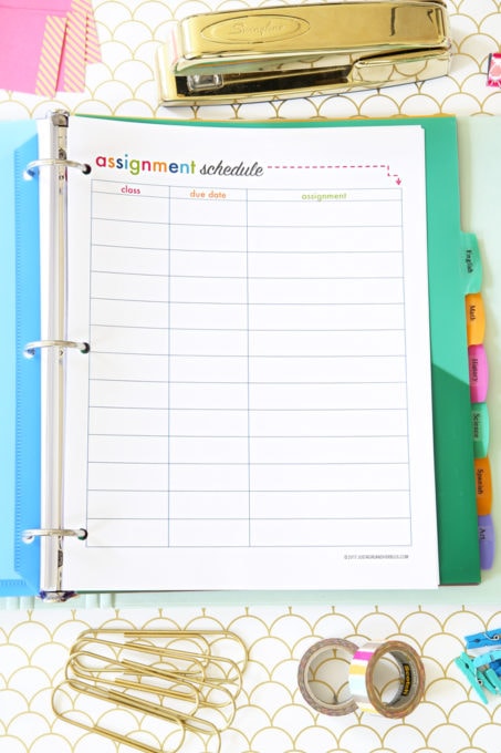 Assignment Schedule Printable, Student Binder with Free Printables for Back-to-School, study aids, high school organization, college organization, middle school organization, pretty printables, printables for girls, printables for boys, resources for students, back to school, graduation gift, student organization, teacher printables