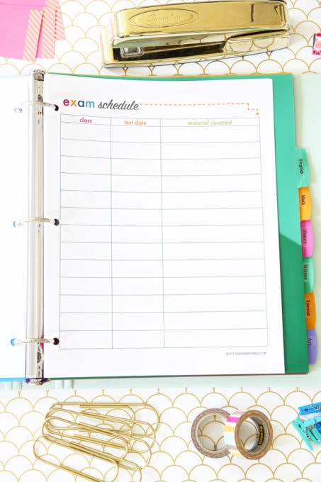 Exam Schedule Printable, Student Binder with Free Printables for Back-to-School, study aids, high school organization, college organization, middle school organization, pretty printables, printables for girls, printables for boys, resources for students, back to school, graduation gift, student organization, teacher printables